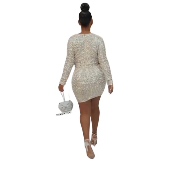 SILVER✨🪩 SEQUIN PEARLS CHAIN SLEEVES FRINGE MINI DRESS ✨ Show Stopper ✨🤩 Large - Picture 6 of 6